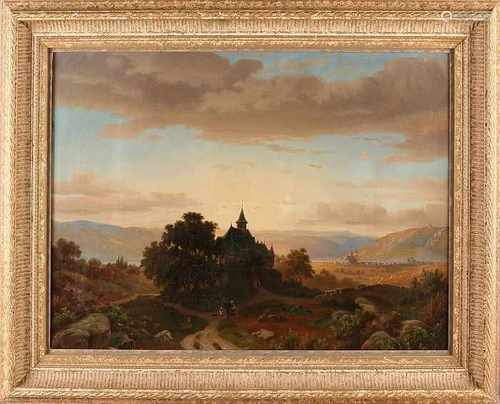 Unsigned. 19th century. German landscape with building figures and village. Oil on linen.