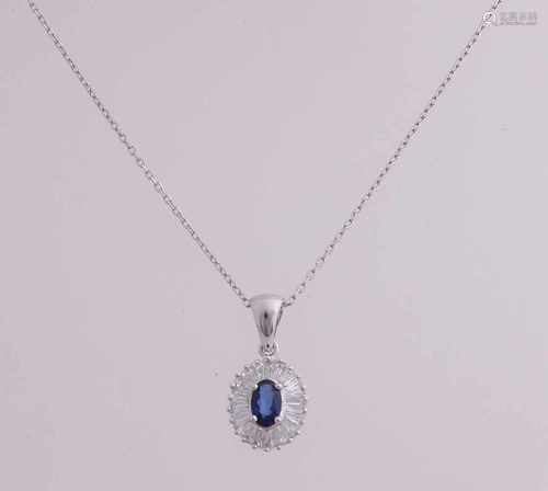 White gold necklace and pendant, 750/000, sapphire and diamond. A fine anchor thereto necklace