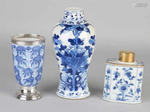 Three parts of 18th century Chinese porcelain. Comprising: Caddy, good. Vase, chip bottom edge. High