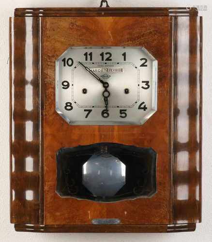 French Art Deco walnut wall clock with day, date and month. Quarter-stroke eight gong rods.