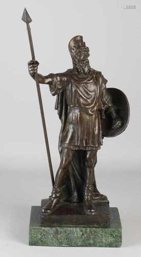 Old bronze figure on marble base. Warrior with spear. Unclear signed. Second half 20th century.