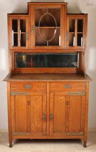 Antique oak Nouveau kitchen buffet with brass fittings and faceted glass and mirror. Size: 205 x 120