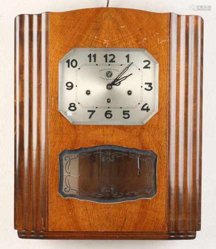 French Art Deco walnut wall clock with Westminster-quarter battle eight gong rods. Signature SDH