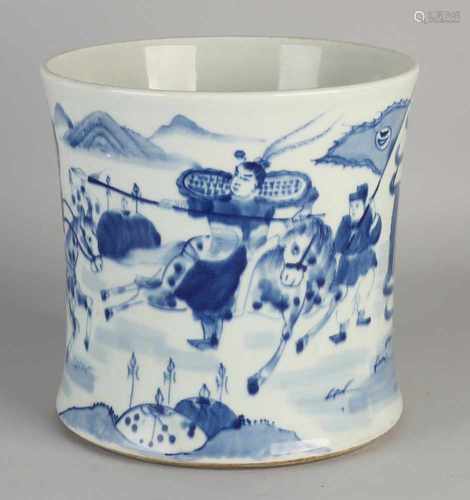 Large Chinese porcelain vase with brushes around figures on horseback decor. Bottom Brand. Size: