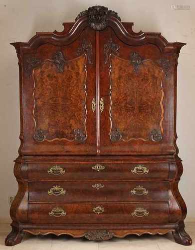 18th Century Dutch walnut Baroque, Louis Quinze cabinet with original gilt bronze fittings and