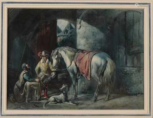 Gijsbertus Craeyvanger. 1810 - 1895. noble hunter with hounds, horses and equerry. Size: 18 x H, B