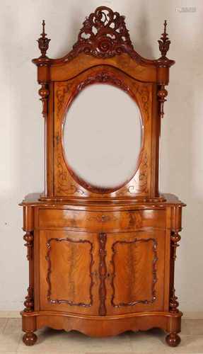 Beautiful Dutch mahogany Louis Philippe mirror with original bonheur tops and crown. Circa 1870.