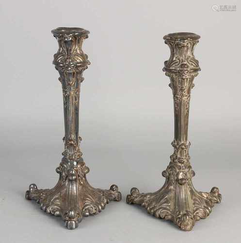 Two antique plated candle chandeliers. Circa 1900. Dimensions: H 25 cm. In good condition.