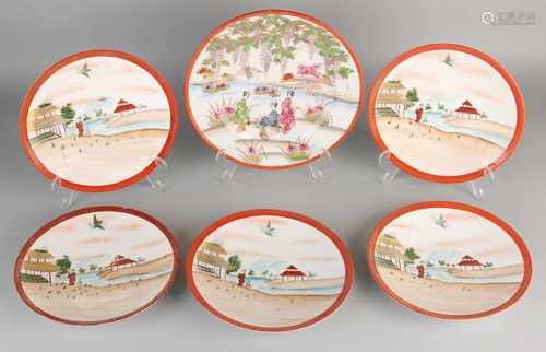 Six antique Japanese Kutani porcelain plates. Branded Osaka. One panel edge damage. Size: ø 21-24