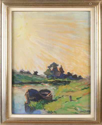 Adri Pieck. 1894 - 1982. Landscape with rowing boat in the canal. Gouache on paper. Tear or crease