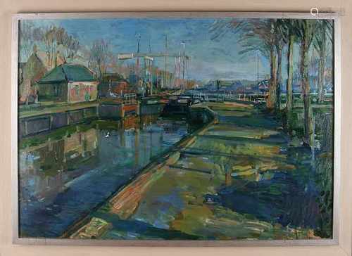 John Swan. 1953 -. View Zwartsluis. Oil on linen. Dimensions: H 70 x W 100 cm. In good condition.