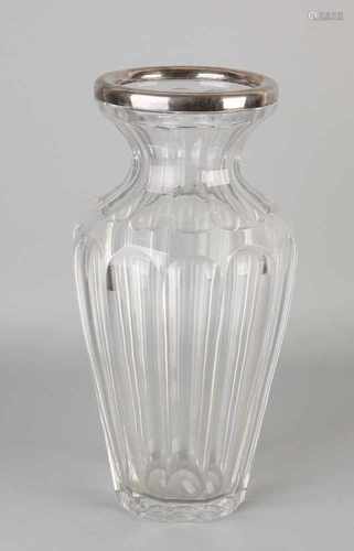 Large crystal vase with grinding, with a smooth silver border, 835/000. ø 18x33cm. In good