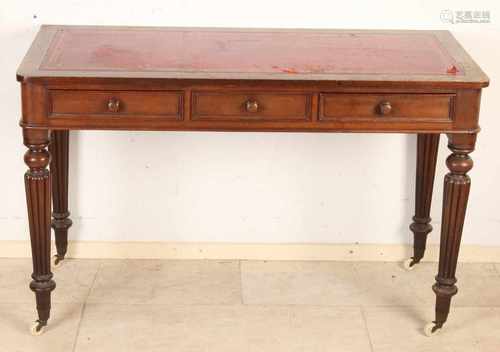 19th Century English mahogany desk with three drawers and writing learning. Sunlight damage. Size: