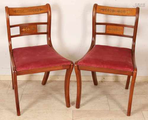 Four walnut chairs with brass intarsia. Approximately 1900. Size: 84 x 51 x 54 cm. In good