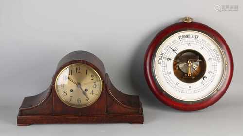 Large antique barometer + buffalo clock. Circa 1920. Size: 8 x 31 cm dia. / 24 x 44 x 14 cm. In good