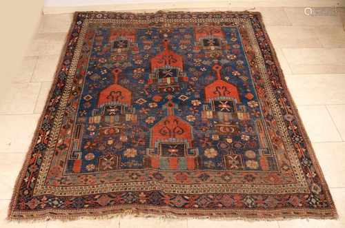 Antique Persian rug. Floral, multicolor. Slightly worn. Size: 189 x 156 cm. In fair / good