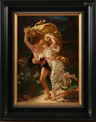 Unsigned. Circa 1900. Two running figures in Roman attire. Oil paint on panel. Size: 28 x H, B 20