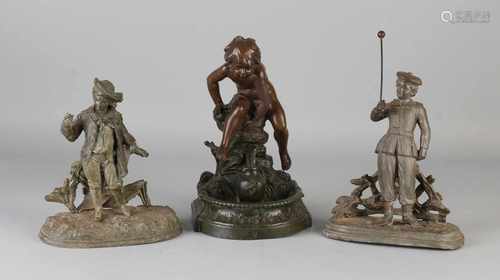 Three antique metal composition figures. Approximately 1900. Comprising: Set of two figures, good.