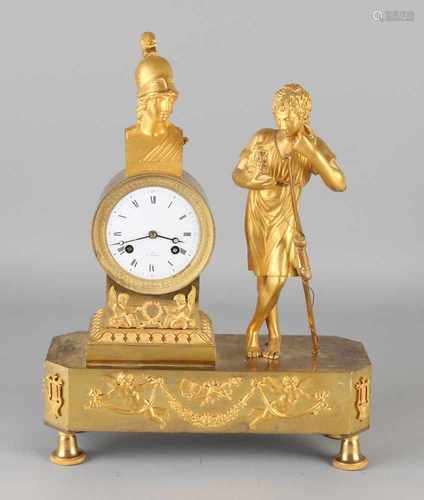 Gilt bronze French Directoire, Empire clock with Athens bust and shepherd with lamb, angels and