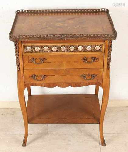 French rosewood veneered table with porcelain plaques, bronze fittings and intarsia on leaf. Louis