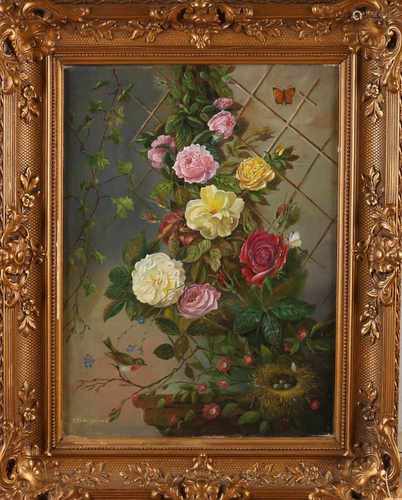 Christiaan Pride. Dutch School. Still life with roses and bird's nest. Oil on linen. Size: 40 x H, B