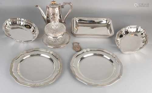 Lot old antique plated. Include: Scales, teapot, candy dish etc. Size: 16-26 cm. In good condition.