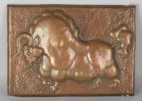 Antique copper beaten Art Deco wall plaque with bull and monogrammed M. Circa 1930. Dimensions: 27 x