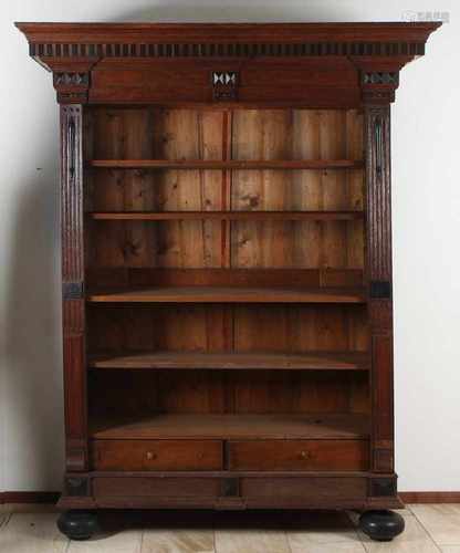 Dutch oak open bookcase. Whole standing on ball feet black. Cabinet has five shelves and two