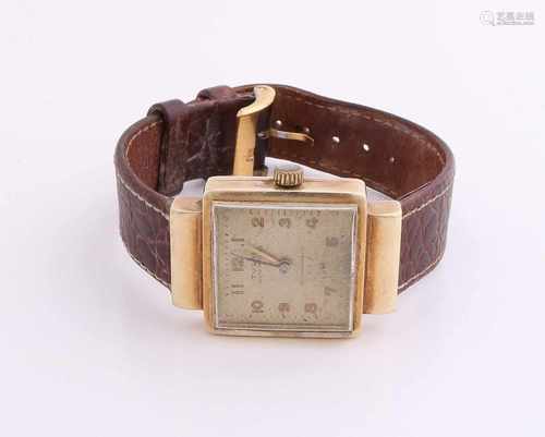 Yellow gold watch, 585/000, Tusal with leather strap. Mechanical watch with a square case with large