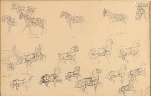 Otto Eerelman. 1839 - 1926. Study drawings of horses. Charcoal on paper. Size: 31 x H, B 49 cm. In