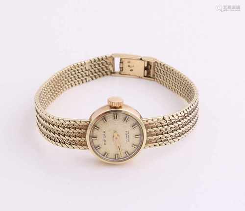 Yellow gold watch, 585/000, ladies round case, diameter 17 mm, brand Bifora having a running braided