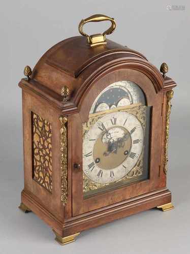 Antique burl Junghans table clock with moon phase. Circa 1920. In 18th century English example of