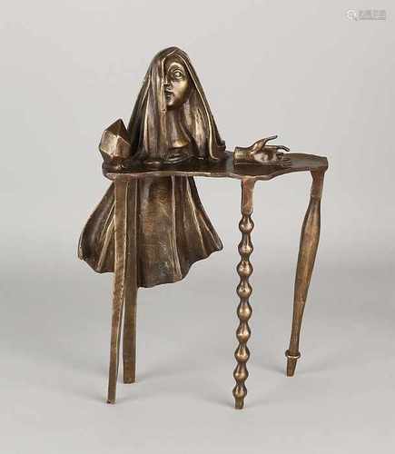 Bronze figure in the style of Salvador Dali. Floating woman at the table. 21st century. Size: 27 x