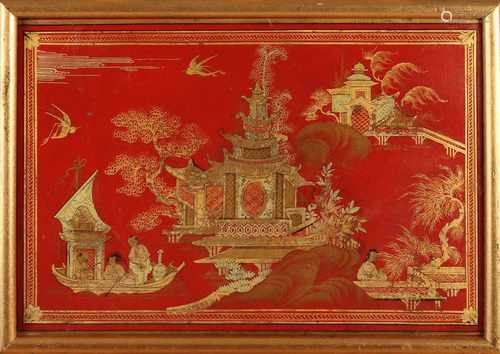 Antique Chinese roodlak painted panel list. With gold decor, pagoda and figures. 19th century. Size: