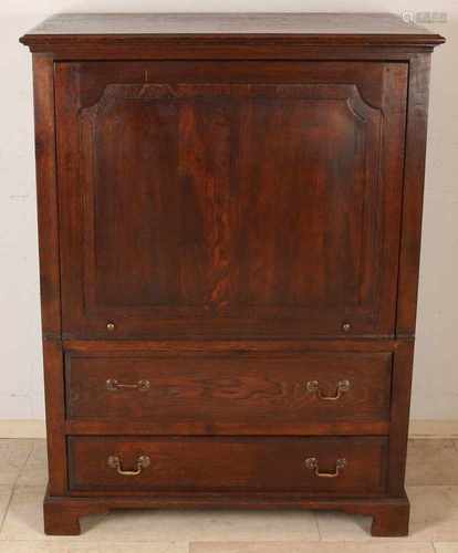 Solid oak bar or TV cabinet with folding door and two drawers made in English style with beautiful