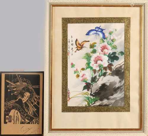 Two Chinese works. One time flowers with butterflies on rocks, signed. Gouache on silk. One time