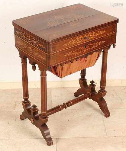 19th Century rosewood sewing table with around 'teeter totter' and floral marquetry, drawer and