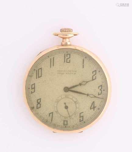 Yellow gold pocket watch, 585/000, with on the rear cover a guilloche operation, Chronometre Milo