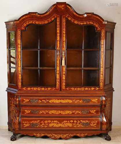 Walnut Dutch Baroque-style china cabinet with intarsia, bronze fittings and claw feet. Quality-style