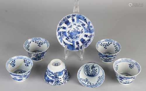 Six times 18th century Chinese porcelain Kangxi cups + one dish. With landscapes / scenery