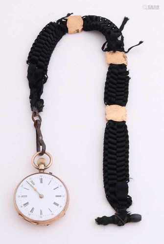 Yellow gold pocket watch, 585/000, fought with nylon necklace decorated with gold elements