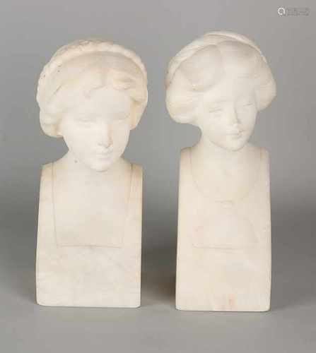 Two ladies antique marble busts. One time unsigned, damaged nose. One time unsigned, good. Size: