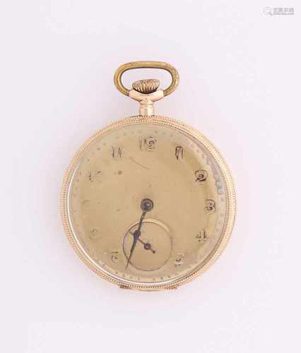 Yellow gold pocket watch, 585/000, round model with pearl edges. Provided with gold-colored metal