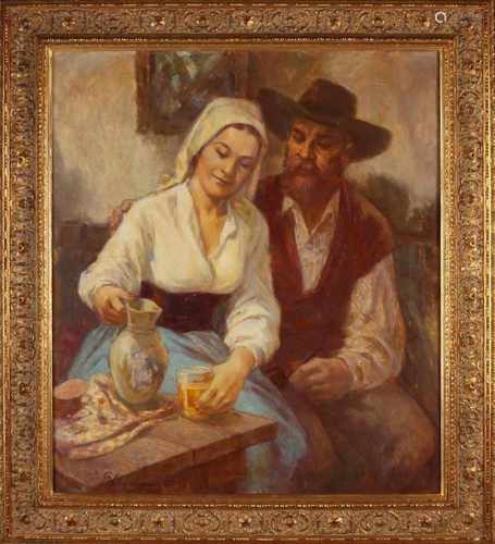 G. Heymans. 20th century. German School. German pair with white wine. Oil on linen. Dimensions: H 80