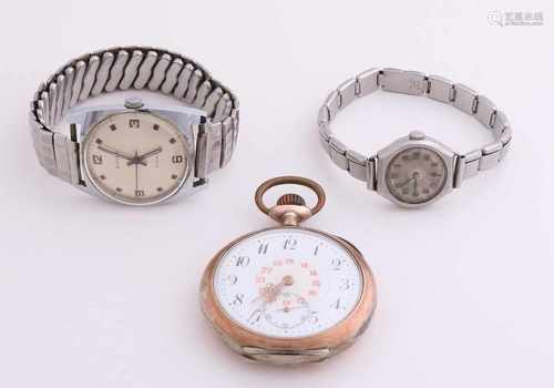 Lot 3 watches, silver pocket watch, and two wristwatches with stretch bands.