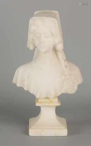 Antique marble bust ladies on console. Chip. By J. Callis? Italy. Dimensions: 21 cm. In fair /