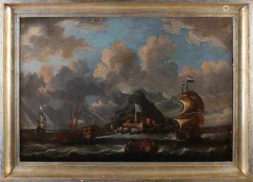 17th century Dutch seascape. Dutch ships nearby island fortress and went with many figures.