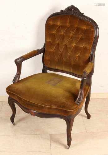 19th Century oak stabbed Rococo-style Voltaire. Needs new upholstery. Size: 104 x 65 x 60 cm.