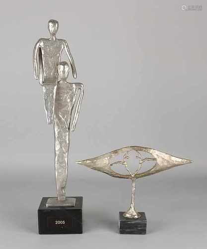 Two modern metal sculptures with stone basement. Second half 20th century. Size: 18-42 cm. In good