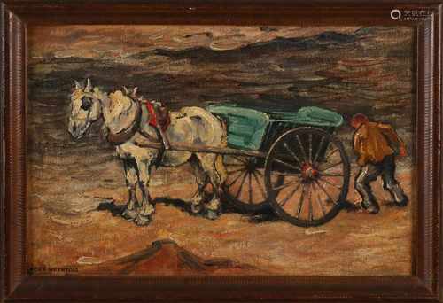 Kees Heynsius. 1890 - 1981 Beachcomber on beach by storm. Oil on linen. Size: 22 x H, B 33 cm. In